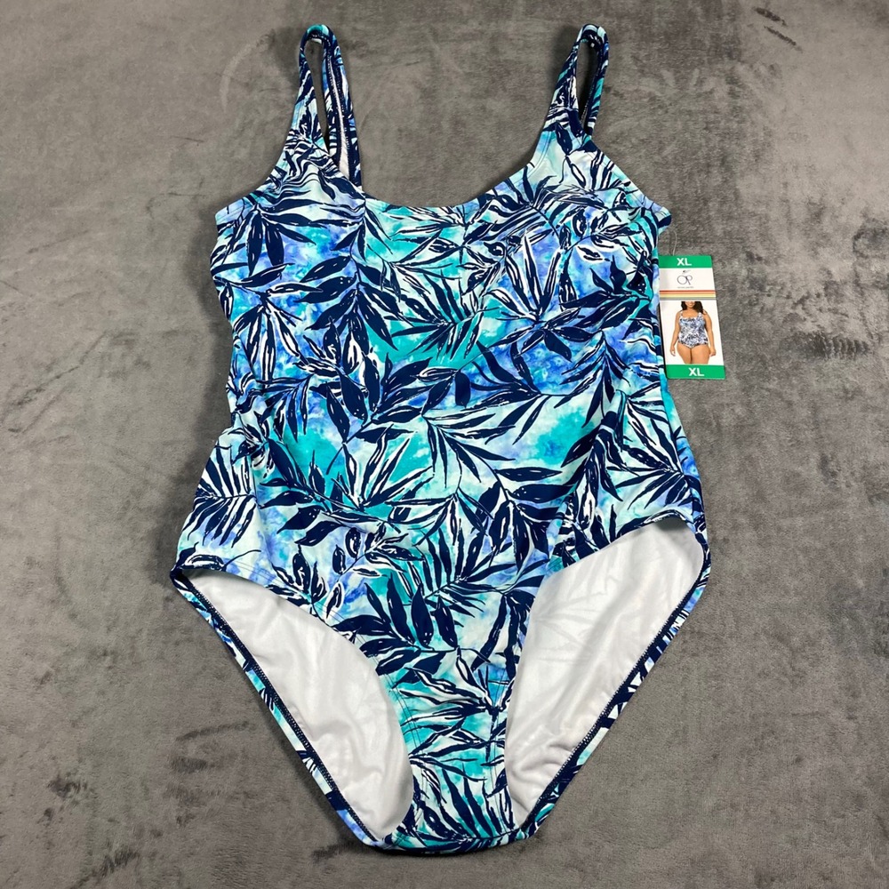 Ocean Pacific Womens One Piece Swimsuit XL Blue Tropical Palm Strappy